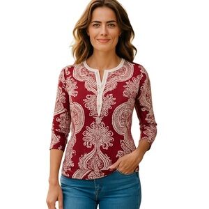 J.McLaughlin For Dillards Red and Cream Printed Top with 3/4 Sleeves Size Small